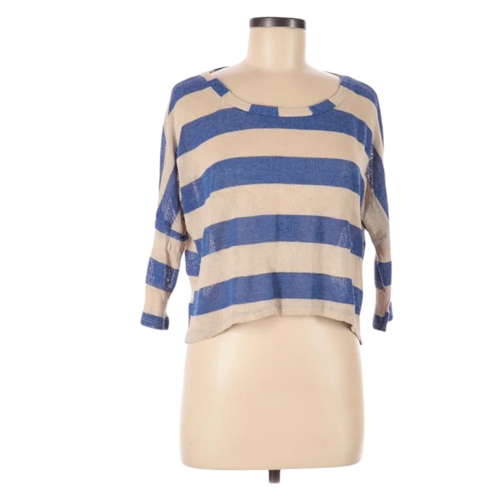 Edge Pullover Sweater Size M Lightweight Blue‎ Tan Striped Boat Neck Stretch